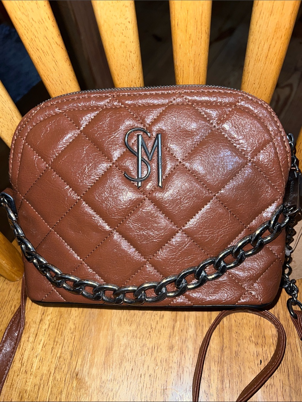 Steve Madden Quilted Brown Nutshell Crossbody with Chain Strap